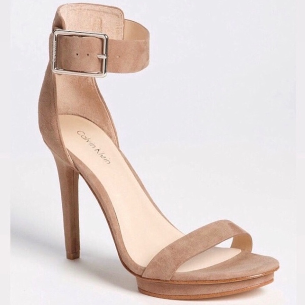 Calvin Klein Vivian Tan Nude Beige Suede Ankle Strap High Heel Sandals 5.5
